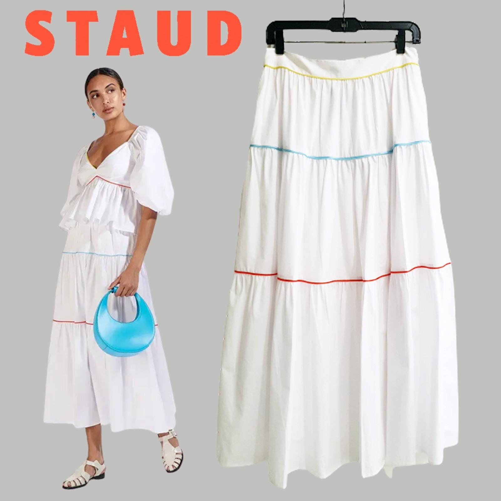 Staud New Tiered White Multi Piping Trim Long Maxi Skirt 8